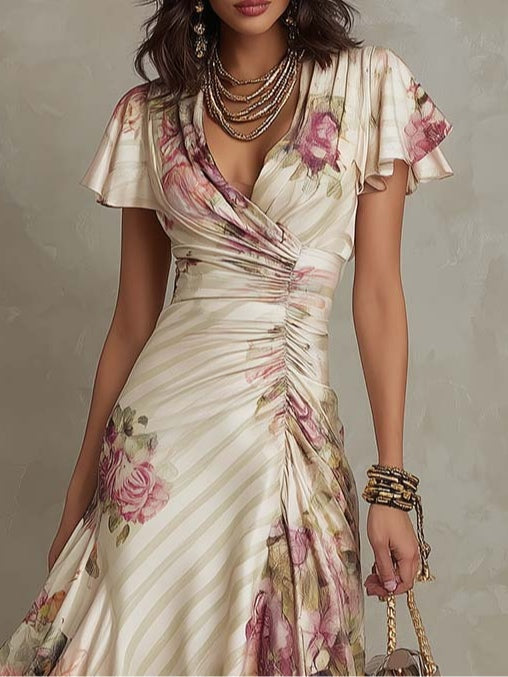 Kylie™ Elegant Retro Floral Satin Midi Dress