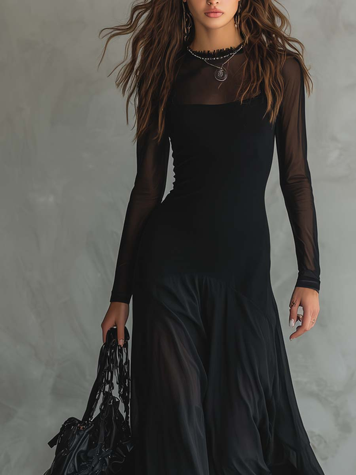 Neroa™ Black Tulle Maxi Dress with Loose Fit