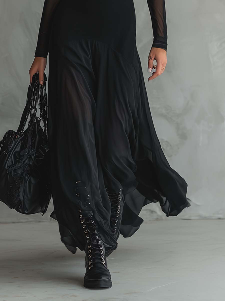 Neroa™ Black Tulle Maxi Dress with Loose Fit